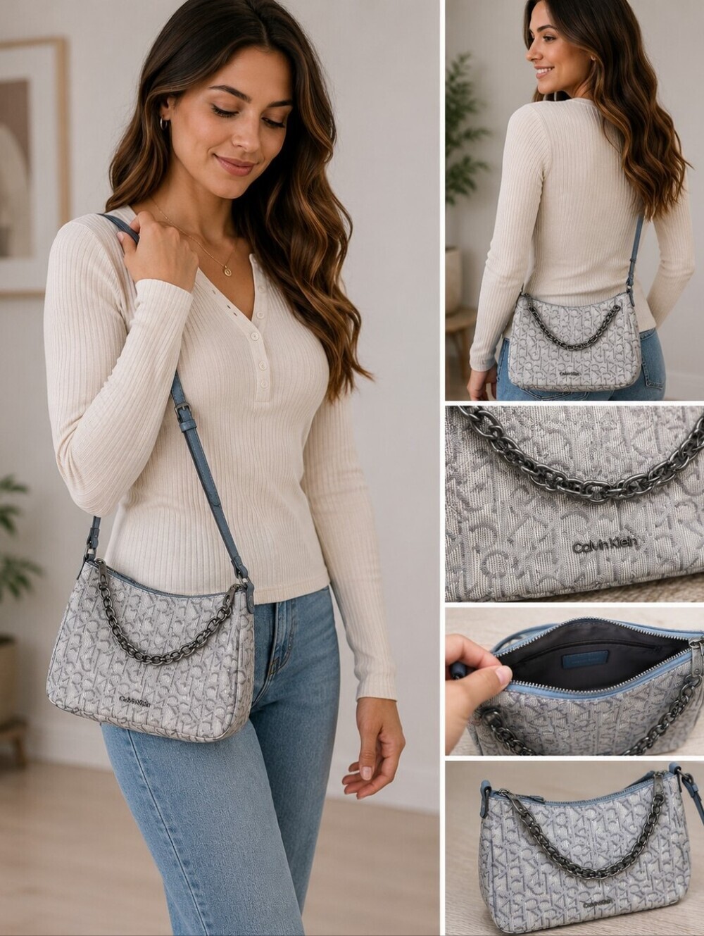 Calvin Klein Silver Beige Monogram Shoulder Bag